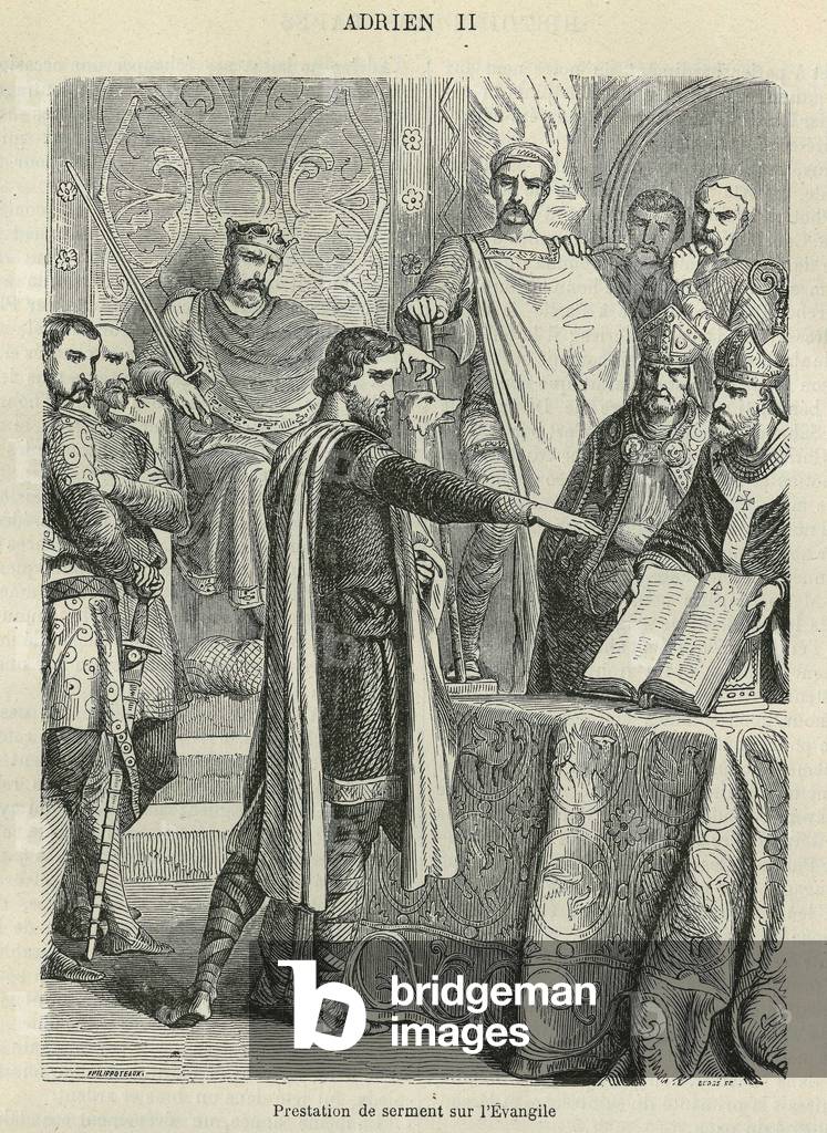Lotharia II (825-869) gave the oath on the gospel before Pope Adrien II (792-872) in Rome in 869. Engraving from “The History of Popes””, 19th century.
