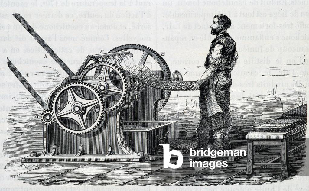 Raw rubber shredders - in “” The wonders of the industry”” by Louis Figuier, 19th century