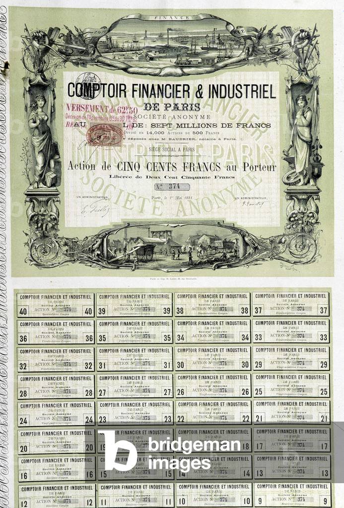 Share of 500 Francs to the bearer of the Paris financial and industrial counter dating from 1 May 1881.