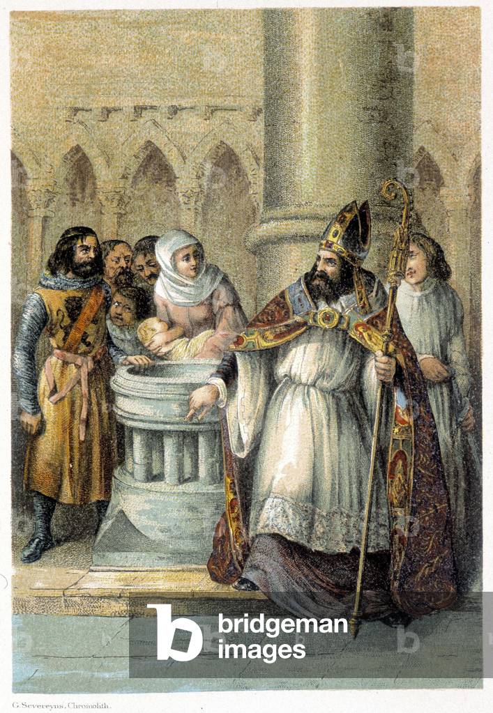 Notger (930 - 1008), eveque of Liege, during the baptism of Otton III (980-1002), King of Germany. Chromolithography of the 19th century.