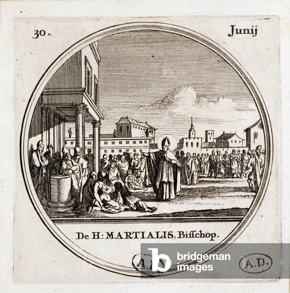 Saint Martial (3rd century), first eveque of Limoges. Party on 30 June. Engraving. Library of Arts Deco, Paris.