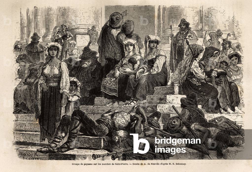 A group of peasants and shepherds gather for the celebration of Holy Week on the steps of St. Peter in the Vatican. Engraving to illustrate the story of the Holy Week in Rome, in 1863, by Ludovic Celler, in “Le tour du monde, nouveau journal des voyages”” published under the direction of Edouard Charton, 1867, Paris. Selva Collection.