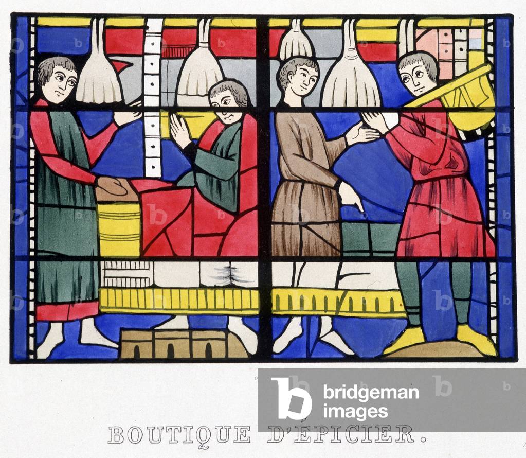 Grocer shop. Fac simile d'un stained glass from the Middle Ages in “Histoire de la peinture sur verre”” by Ferdinand de Lasteyrie, 1853.