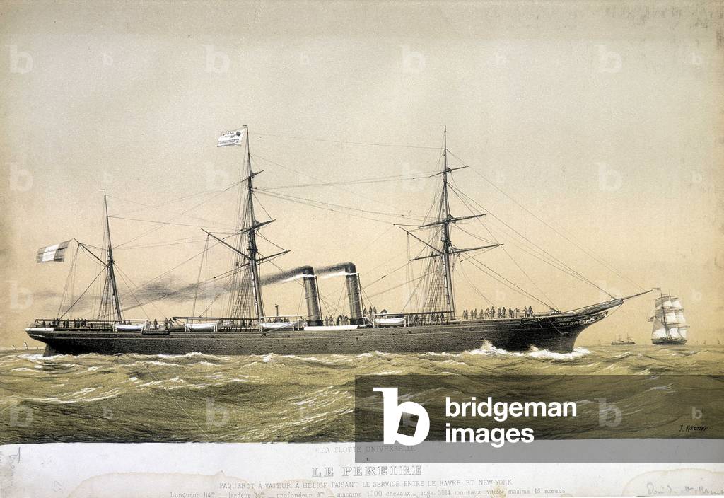 The Pereire liner was steamer and helice serving between Le Havre and New York and 1868 between Brest and New York. “The Pereire” was built in Glasgow in 1864. It belongs to the Compagnie Générale Transatlantique de Emile Pereire.