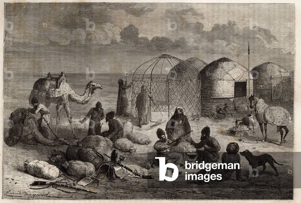 A Turcoman camp in the border area of Turkestan and Persia, each tent, made up of wooden trellis and covered with felt, houses a family. Engraving to illustrate the story of Henri de Blocqueville “14 mois de captivite chez les turcomans”” between 1860 and 1861, in “Le tour du monde, nouveau journal des voyages”” published under the direction of Edouard Charton, 1866, Paris. Selva Collection.