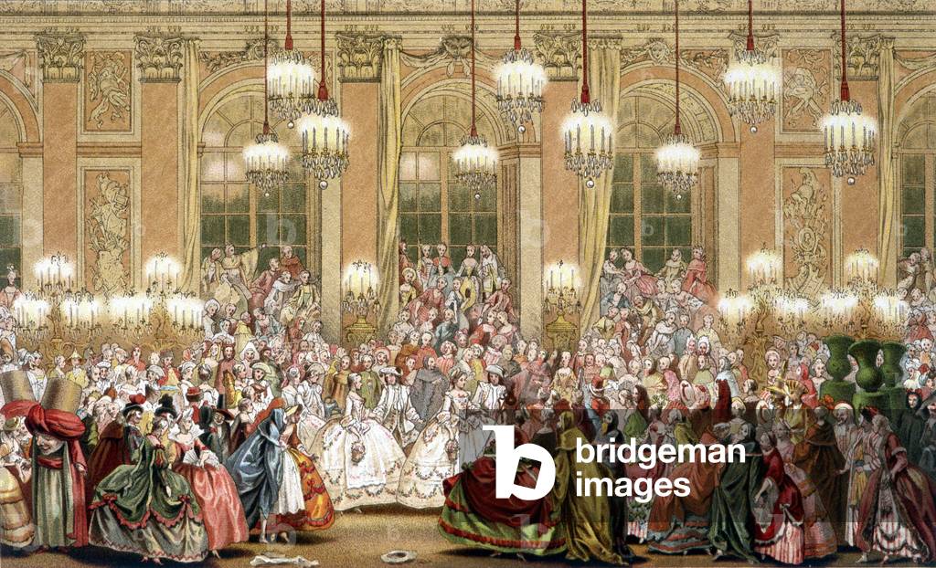 Masked ball in the Galerie des Glaces in Versailles on the occasion of the wedding of Louis, Dauphin of France and Marie Therese (Marie-Therese) of Spain, February 1745 - chromo., 19th century