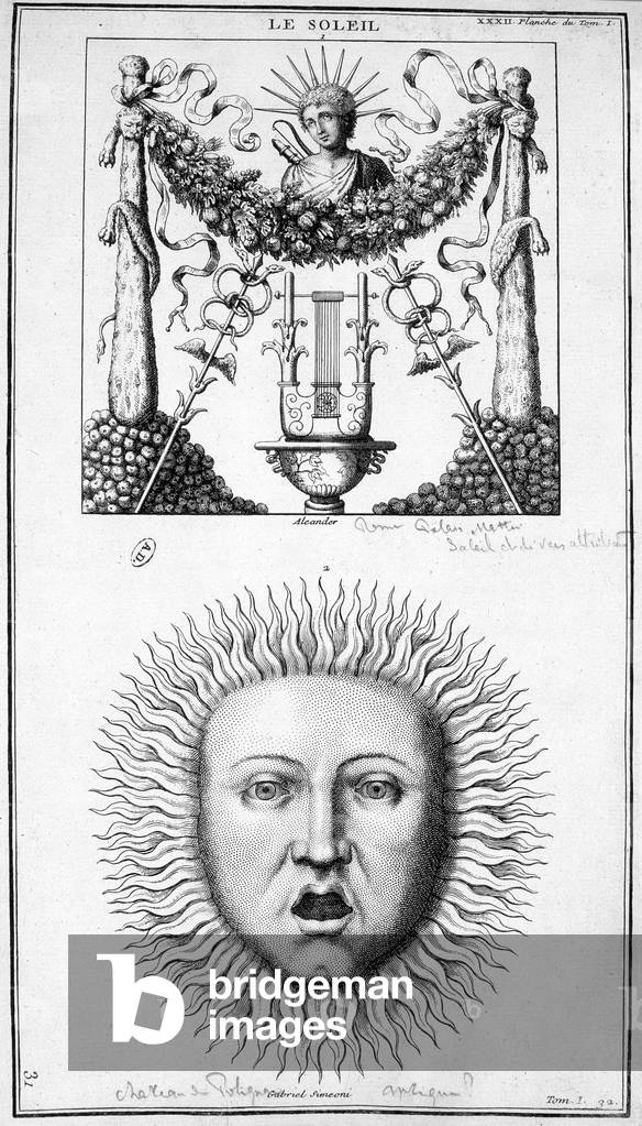 Representation of the Sun. Images drawn from ancient representations. Engraving 19th century.