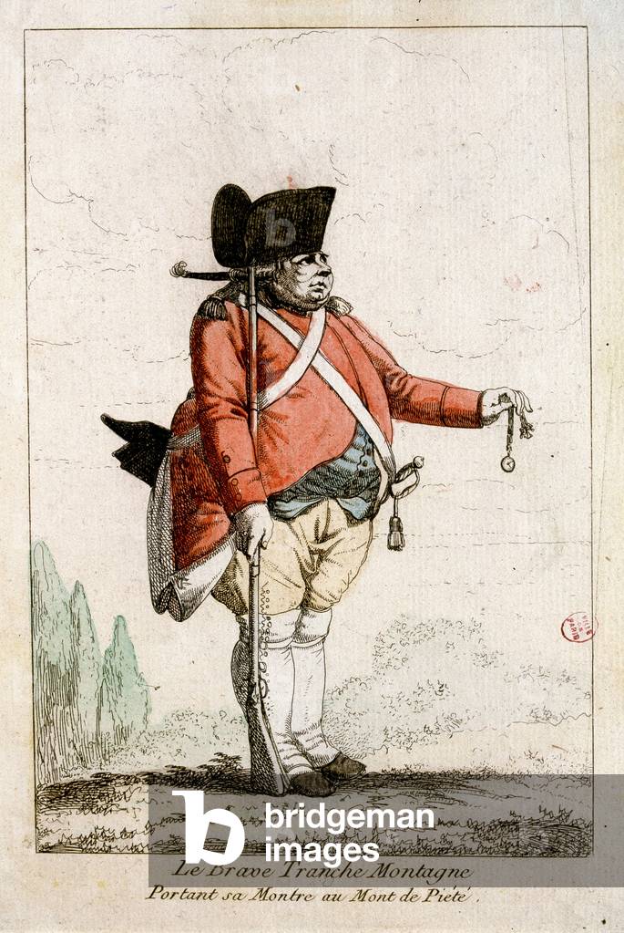 The brave Slice Mountain wearing his watch at Piety Mountain. In “” Costumes of the time of the Revolution 1790-1793””. Colourful waters of Mr. Guillaumot Jr., 1876.