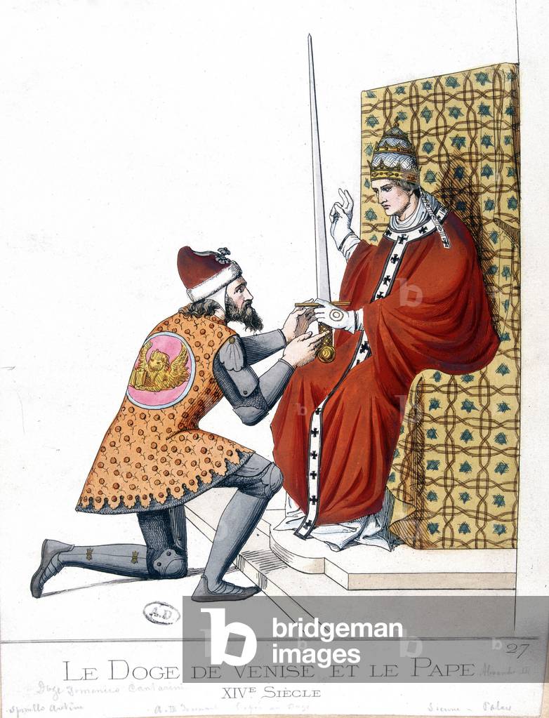 The Doge of Venice and the Pope in the 14th century - engraving, 19th century