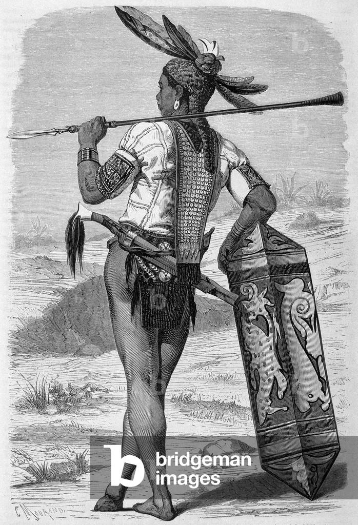 Illustration published in the edition of “Le Tour du monde” from 1870 - 1871 depicting a dayak (indigenous) on the island of Borneo. Engraving.
