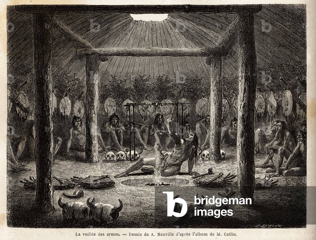 On the eve of the arms, the sorcerer lies by the fire and begins to gem to call the Great Spirit, while watching the young people who are deprived of food and sleep for four days, in order to prepare them for the future torture of the Mandans Indians (or noumah ka kie: pheasants) on the left bank of Missouri. Engraving to illustrate an excursion among the Indian tribes of the basins of Colombia and Upper Missouri, by G. Catlin, in 1855, published in “” le tour du monde””, under the direction of D'Edouard Charton, Hachette, Paris 1869.Selva Collection.