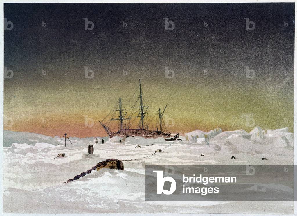 Ship in the Ice - in “” The shores of the polar sea, an Arctic expedition narration””, by Dr. Edward Moos, Marcus Nard & Co, London, 1878