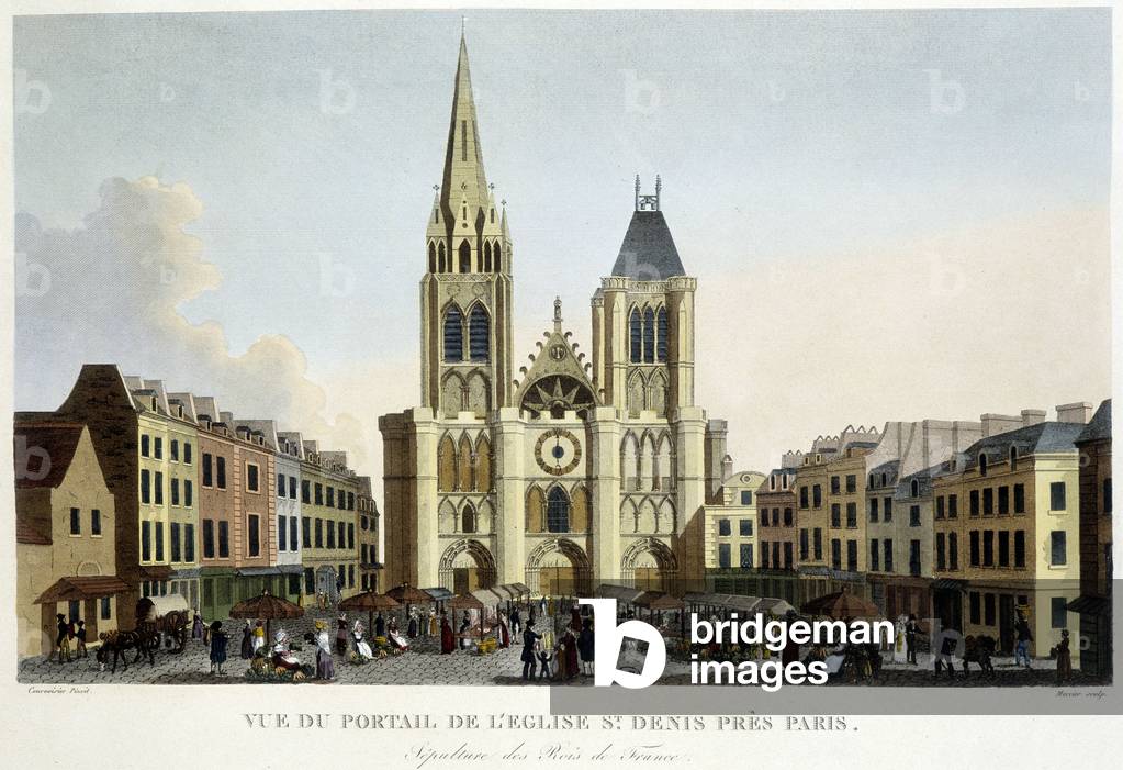 View of the portal of the church of St Denis, near Paris, burial of the kings of France, and market on the square - in “Paris par Courvoisier””, 1827