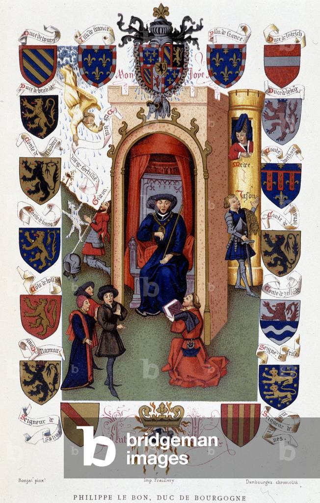 Philippe le Bon, Duke of Burgundy receiving the dedication of a book (coat of arms), 15th century, “” Les Chroniqueurs de l'histoire de France depuis les origines au 16eme siècle” by Mme de Witt, Paris, 1886.