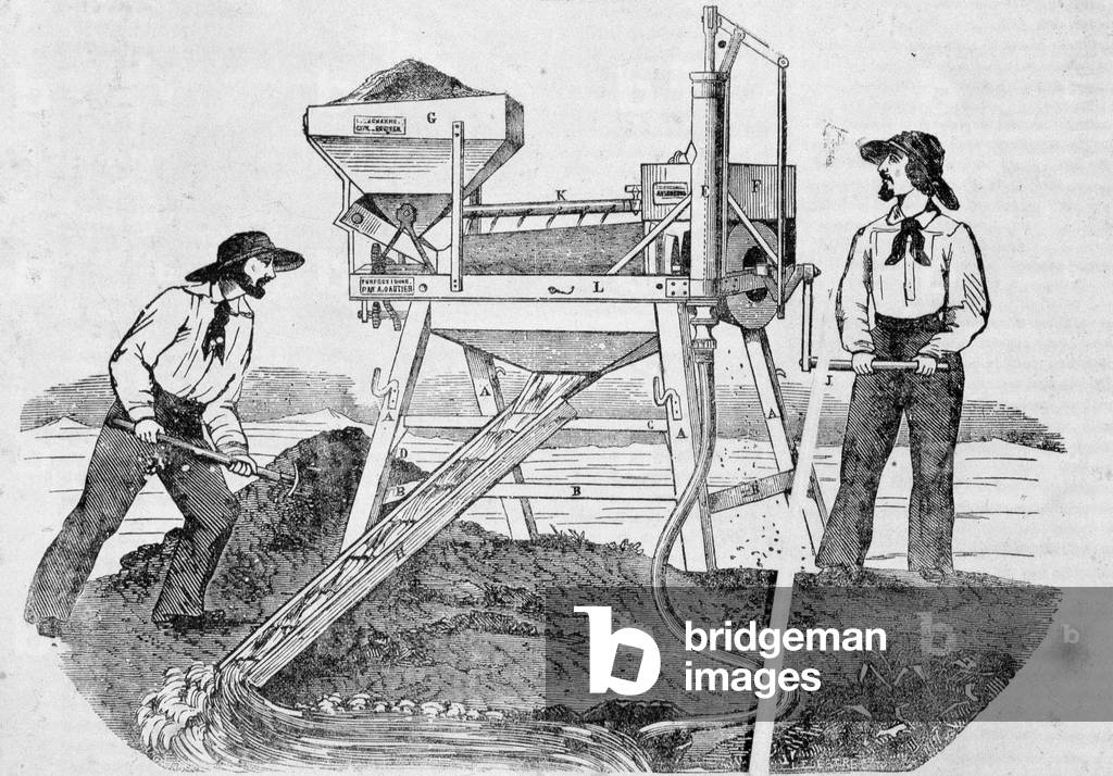 Pub “The Fortune, Company of the Gold Mines of California””: image depicting two gold diggers working in washing machines and blending gold - in “” the Charivari”” of June 25, 1850.