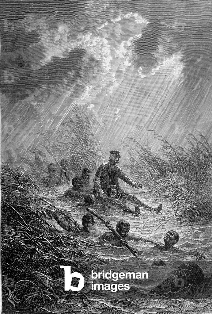 Livingstone and His Men Crossing a Watercourse - “” Livingstone's Last Voyage 1866-1873”” in “” Tour du Monde””, 2nd sem. 1875