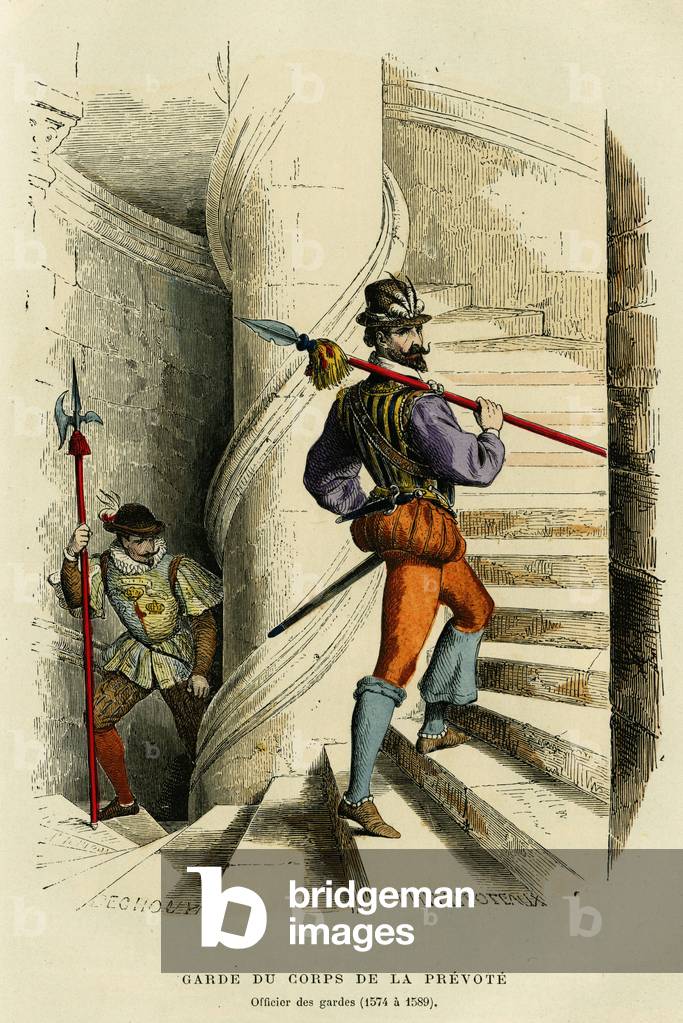 Costume of the bodyguard of the prevote, followed by an officer of the guards (1574 a 1589). Colour engraving, in “France et les francais a travers les siecles”” by Augustin Challamel, F.Roy editor, Paris 1882. Selva Collection.