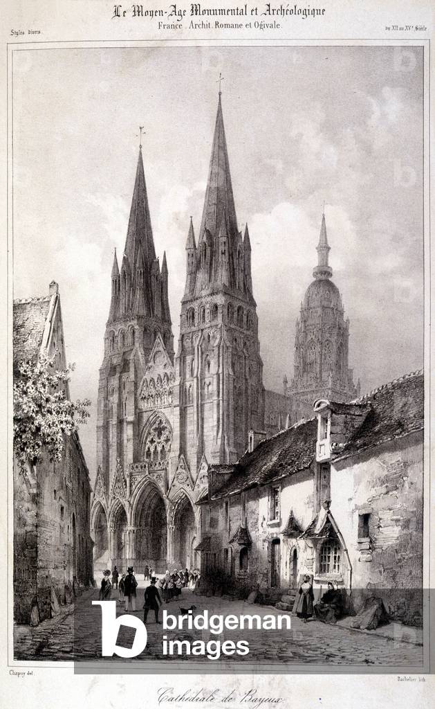 Engraving of Bayeux Cathedral published in “The Monumental and Archaeological Middle Ages””. 19th century