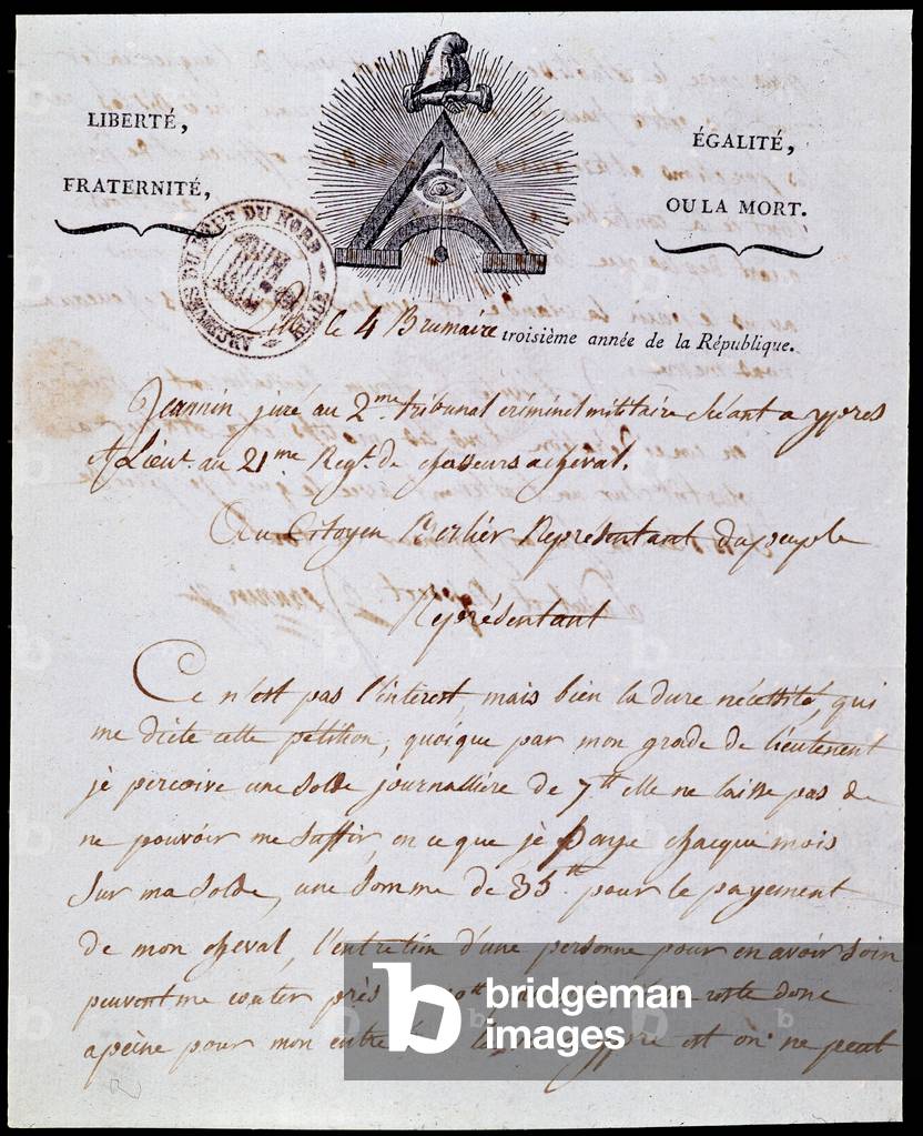 French Revolution: first page and header of a military administrative letter 4 fog year III (25/10/1794) dated 18 Frimaire year III (08/12/1794) with the republican inscription “Liberte Egalite, Fraternite ou la Mort” and symbols of the Franco-Maconnerie. Departmental Archives of Nord Lille