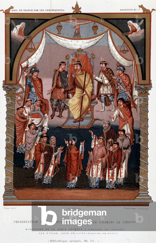 Presentation of a manuscript to Charles the Bald, 9th, “Les Chroniqueurs de l'histoire de France depuis les origines à la 16e siècle” by Mme de Witt, Paris, 1886.