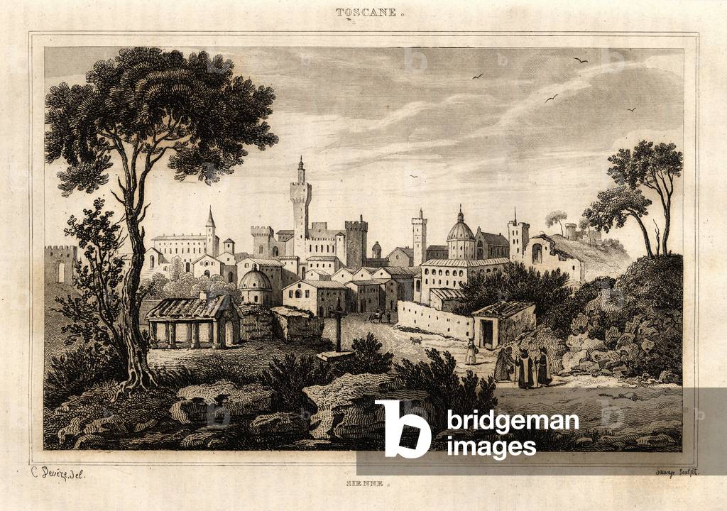 General view of Siena (Siena) in Tuscany, engraving by C. Deveze in “Italy picturesque””, Amable Coste editor, 1836.