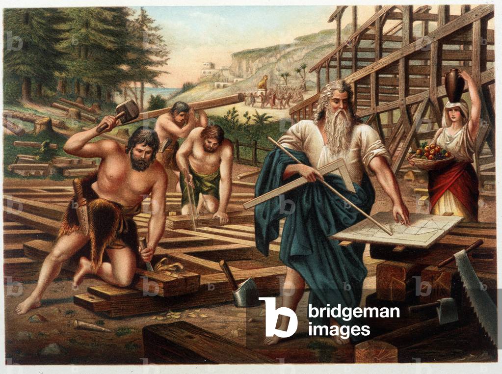 Noe and his family building the ark (Noe looking at the plan of construction) in “” Aurea Bibbia classica: storia della rivelazione divina nell'antico e nel nouvo tesiamento””” by Giovanni Ladislao Sykora (vol 1), translated by Don Clemente Benetti (Italian Bible)