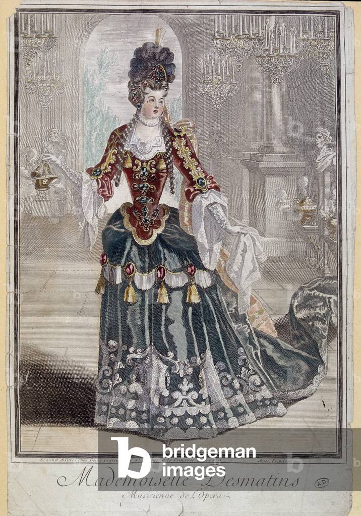 Mademoiselle Desmatins, musician (singer) of the Opera - engraving, 18th century