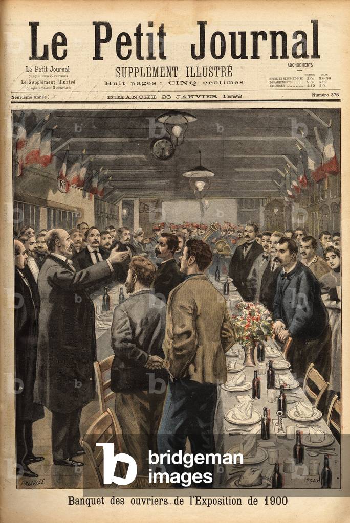 At the 1900 workers' banquet, Mr. Picart, general manager of the exhibition, delivered an address and drank with them. Engraving in 