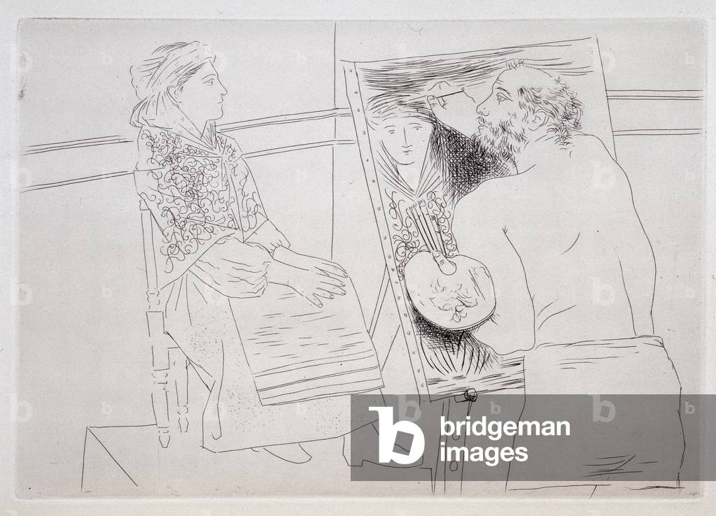 Radierung von Pablo Picasso zum Thema des Malers und seines Modells, krank. „„Le Meisterwerk inconnu“ (Le Mast