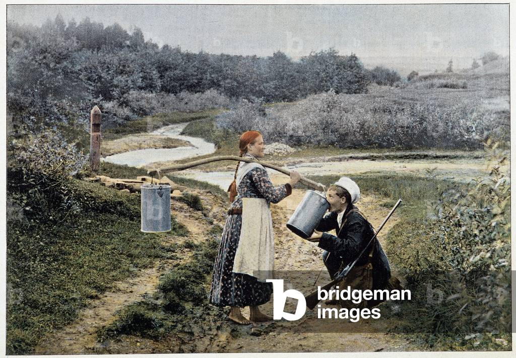 Hunter and girl at the fountain (Russia) - photography, late 19th century