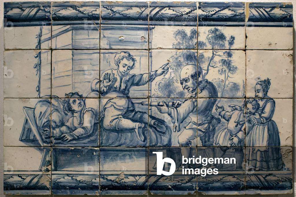 The doctor doing an enema to a patient - Satirical panel of Lisbon, first half 18th century (Physician - Satirical panel, first half 18th century) - Musee national des azulejos, Lisbon (Portugal)