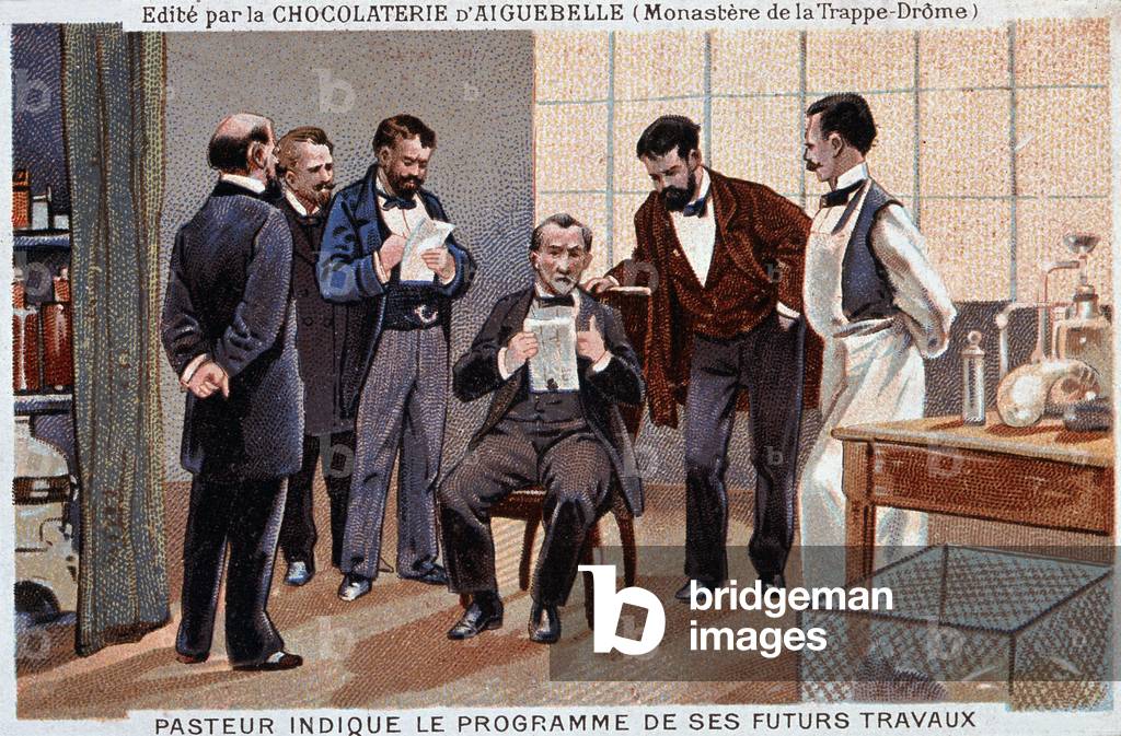 Louis Pasteur, a French scientist (1822-1895), indicated the program of his future work, surrounded by collaborators - chocolate advertising label of Aiguebelle, v. 1895.