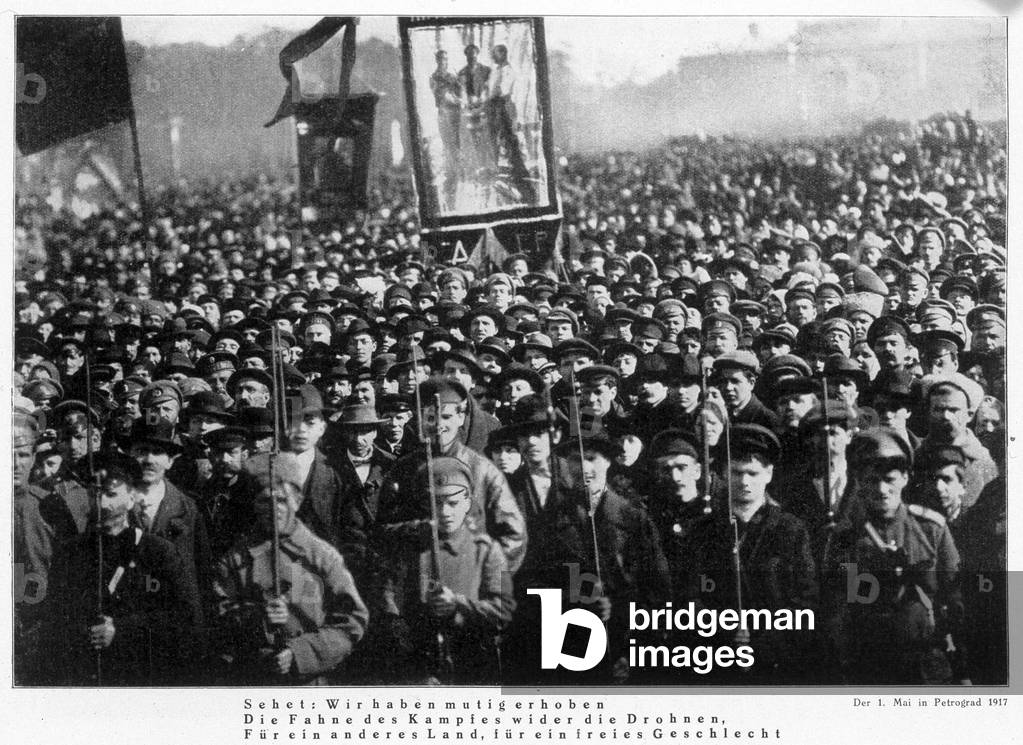 Demonstration in Petrograd, May 1, 1917. Legend in Russian: 