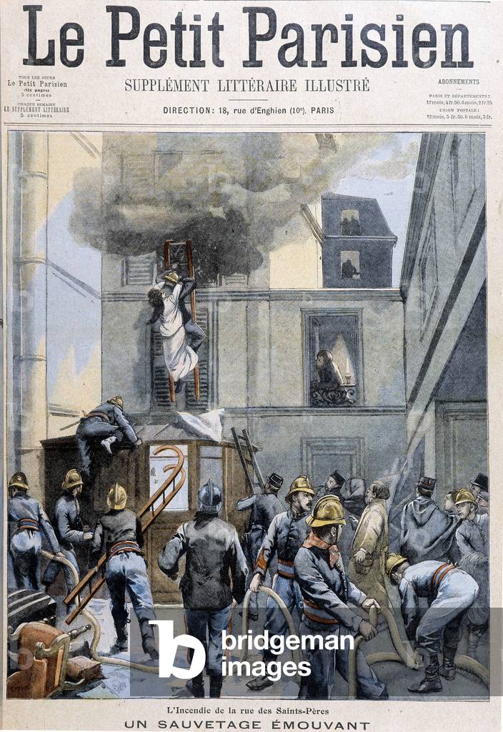 A moving rescue illustrates how the firefighters worked during the fire on the Rue des Saints Peres. Cover of the 1905 newspaper 
