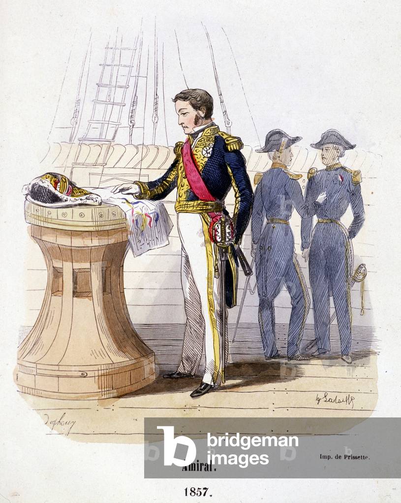 Admiral de Marine se repérant sur une carte (1857) - in “” Histoire de l'armee”” ed. Barbier, Paris, 1858