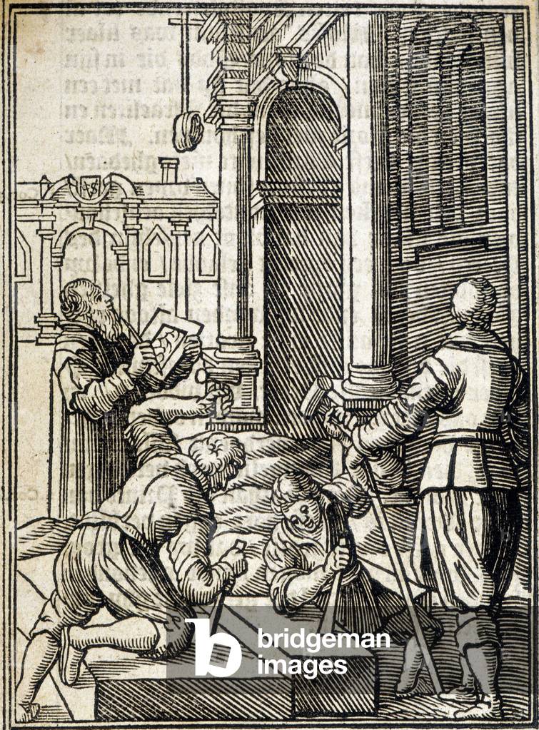Tagliatori di pietra che lavorano alla costruzione di una cattedrale - incisione, XVI secolo