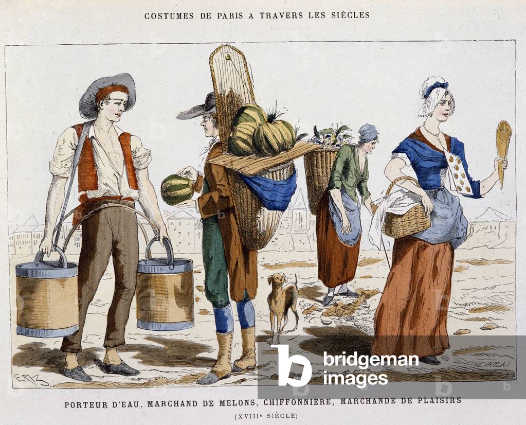 Water carrier, merchant of melons, chiffonieres, merchant of pleasures in the 18th century - in “Paris a travers les siecles”” by H. Gourdon de Kenouillac, ed. F. Roy, Paris, 1880