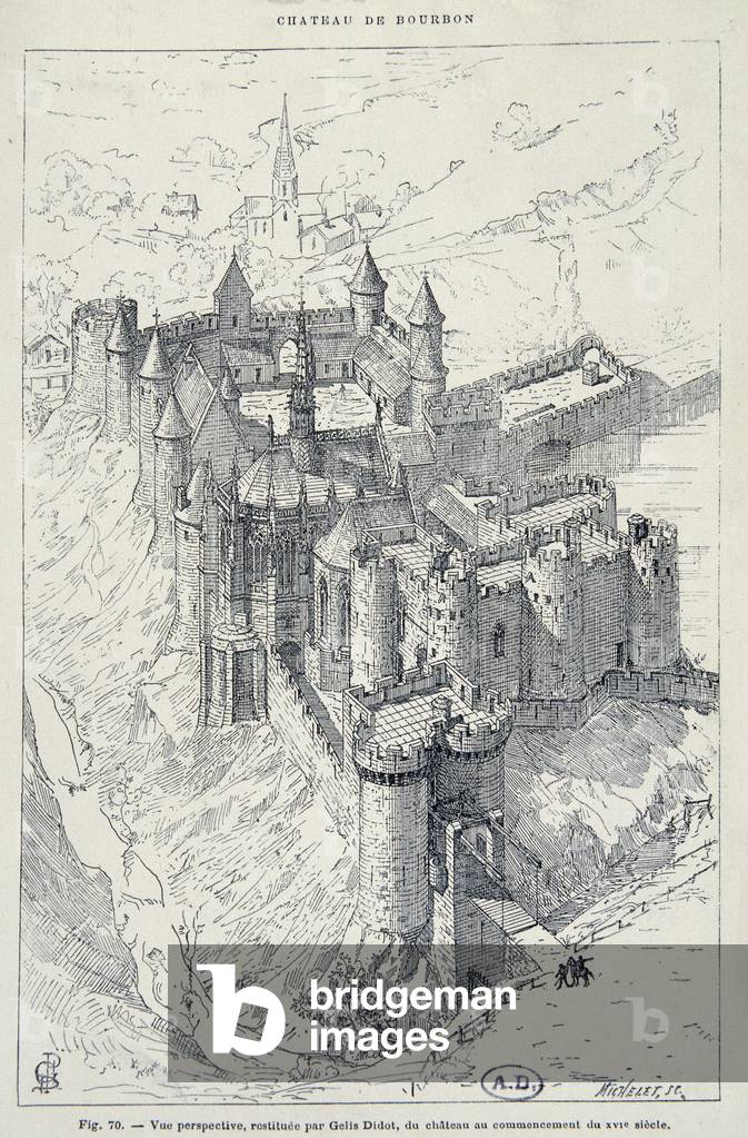 Perspective view restored by Gelis Didot, of the Chateau de Bourbon - L'Archambault at the beginning of the 16th century - Engraving, 19th century