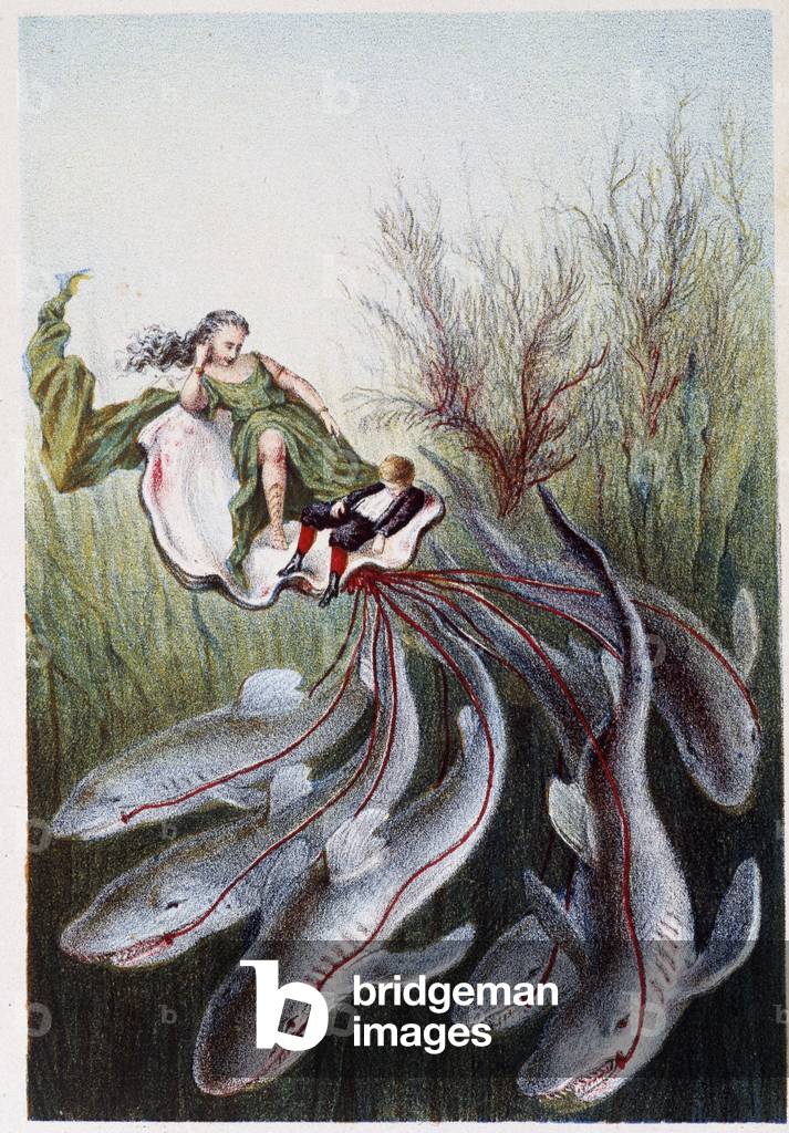 A woman and a boy on a tank led by sharks - in “” Journey to the bottom of the sea”” by H. de la Blanchère. Paris, ed. Jouvet et Cie, sd. 1880. (double 02946)