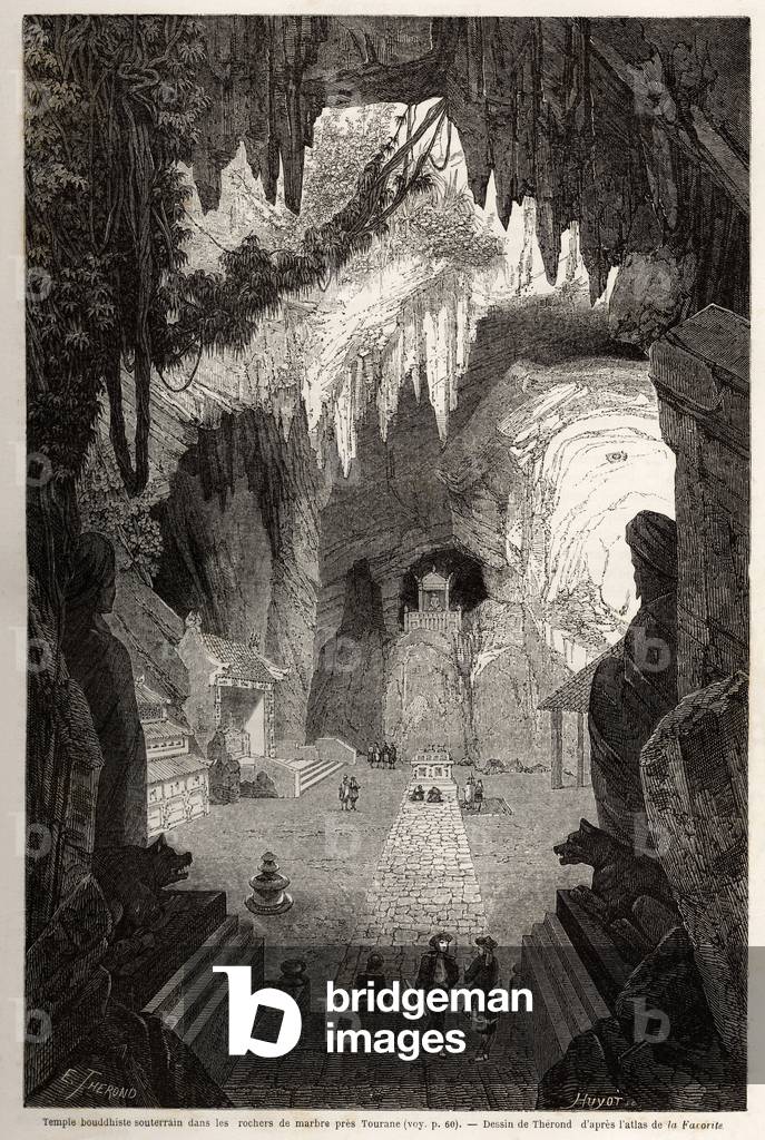 Underground Buddhist temple in marble rocks near Tourane, drawing by Therond, to illustrate the notes of a unique correspondence with Cochinchine. Engraving in “” Le tour du monde, nouveau journal des voyages”” Paris, 1860. Selva's collection.