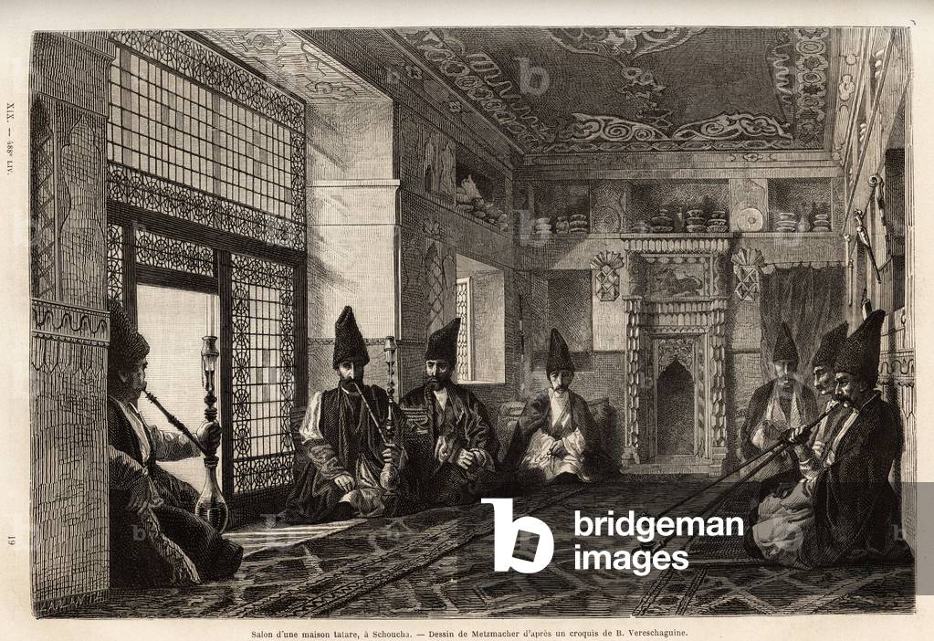 The living room of a rich Tatar house in Schusha (Transcaucasia, Russia), where men gather, sitting on carpets to smoke the pipe and chat. Engraving to illustrate the voyage in the provinces of the Caucasus, by Basile Vereschaguine, in 1864-1865, published in “” le tour du monde””, under the direction of D'Edouard Charton, Hachette, Paris 1869.Selva Collection.