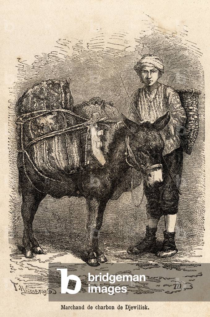 A coal merchant, with his donkey, in Djewilisk (Northern Anatolia), engraved after a drawing by the narrator, illustrating a journey in Lazistan and Armenia, of 1869, by Theophile Deyrolle, published in “” Le tour du monde”” 1875, edited by Edouard Charton, Hachette edition, Paris. Selva Collection.