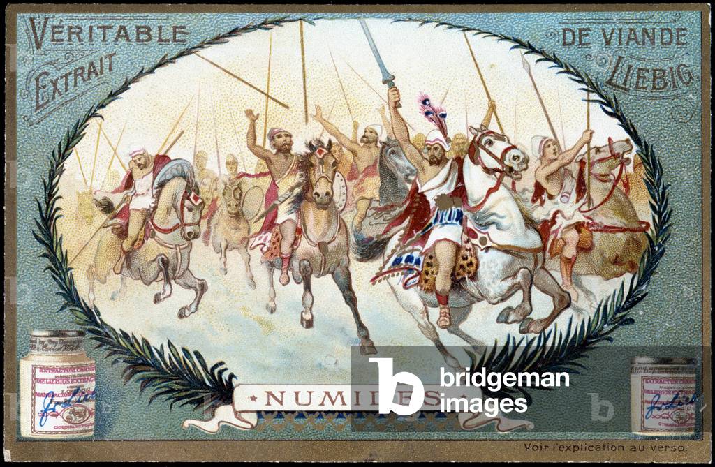 Numidie in Antiquit: Numid equestrian game. Liebig chromolithography late 19th century.