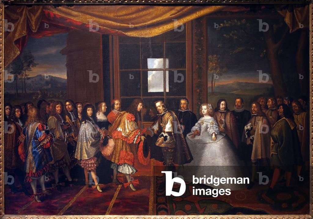 Thirty Years War: “” Interview of the King of France Louis XIV (1638-1715) and Philip IV of Spain (1605-1665) on the island of Paisans on 7/11/1659”” Spain agrees to sign the Treaty of the Pyrenees. The daughter of Philip IV, Marie Therese (Marie-Therese) of Austria (1638-1683), future queen of France, behind the king of Spain. The trade negociators Cardinal Jules Mazarin (Giulio Raimondo Mazzarino or Mazarino) (1602-1661) and Luis de Haro (1598-1661) are present. Also represented are Anne of Austria (1601-1666), Jean Baptiste (Jean-Baptiste) Colbert (1619-1683), Antoine III of Gramont (1604-1678) and Philippe Duke of Orleans (1640-1701) dit Monsieur. Painting by Laumosnier (late 17th-early 18th century), oil on canvas, by Charles Le Brun and Adam Frans Van Der Meulen. French Art, 18th century. Musee de Tesse, Le Mans.
