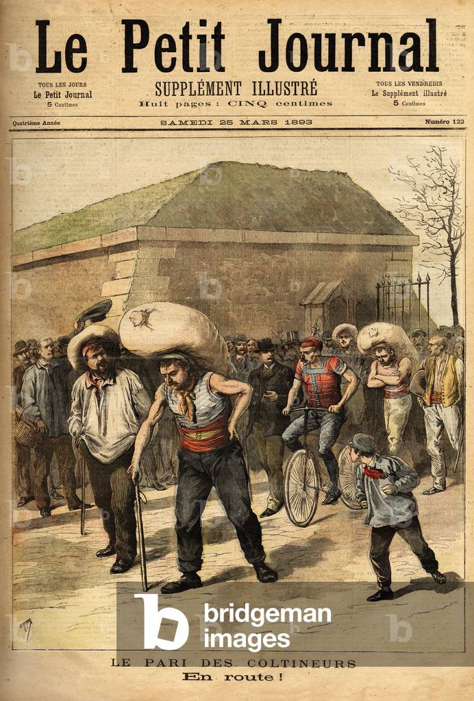 The coltineurs bet, bag loads weighing 100 kilograms, the bet consists of connecting Paris and Corbeil on foot (32 kilometres), winner Jean Labas made the race in 14 hours (12 hours ahead of the second). Engraving in “” Le petit journal”” 25/03/1893. Selva's collection.