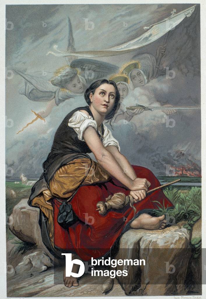 Jeanne hears her heavenly voices: the archangel Saint Michael, Saint Catherine and Saint Marguerite ordered him to go to France to help the king and assured him that God will help him - in “” Jeanne d'Arc”” by H. Wallon, 1876
