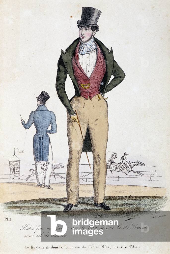 Men's fashion, 1829. Lithograph of Lemercier in “” La Mode”, Volume I, October, November, December 1829.