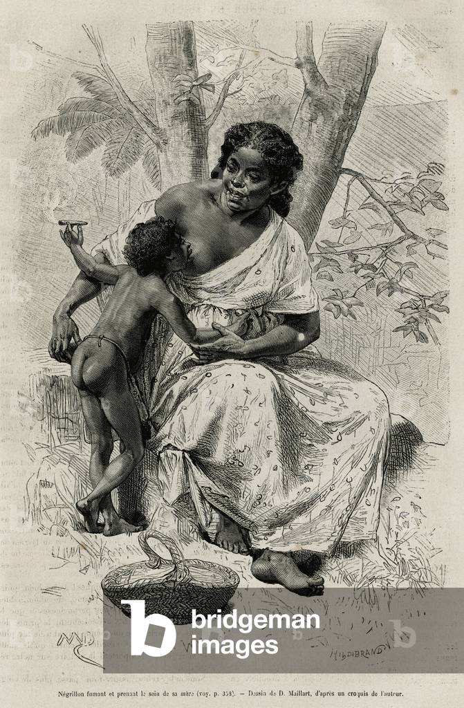 Negillon smoking and taking the bosom of her mother, in the Darien region (eastern Panama), engraving after a drawing by D.Maillart, to illustrate the story Exploration at the isthms of Panama and Darien, by A. Reclus, lieutenant of ship, from 1876 to 1878, published in the tour du monde, under the direction of Edouard Charton, 1880, Paris. Selva Collection.