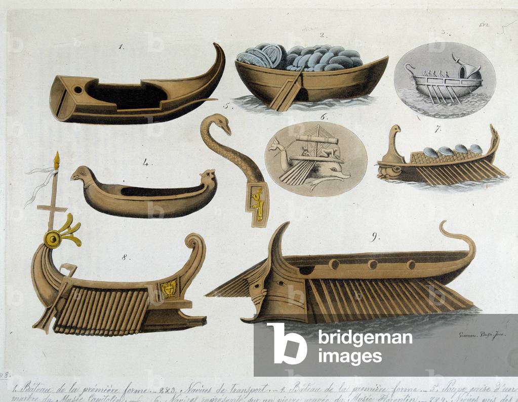 Ships of Ancient Greece in “” The Old and Modern Costume”” by Jules Ferrario, 1819-1820