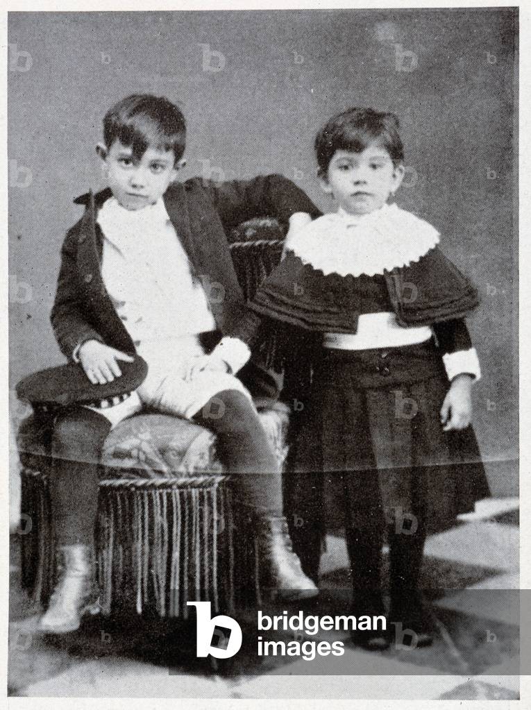 Seven Year Old Pablo Picasso with his Sister, Conchita, 1888 (b/w photo)